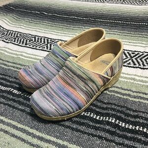 Dansko clogs rainbow woven horizontal stripe multicolor jute canvas tapestry 38